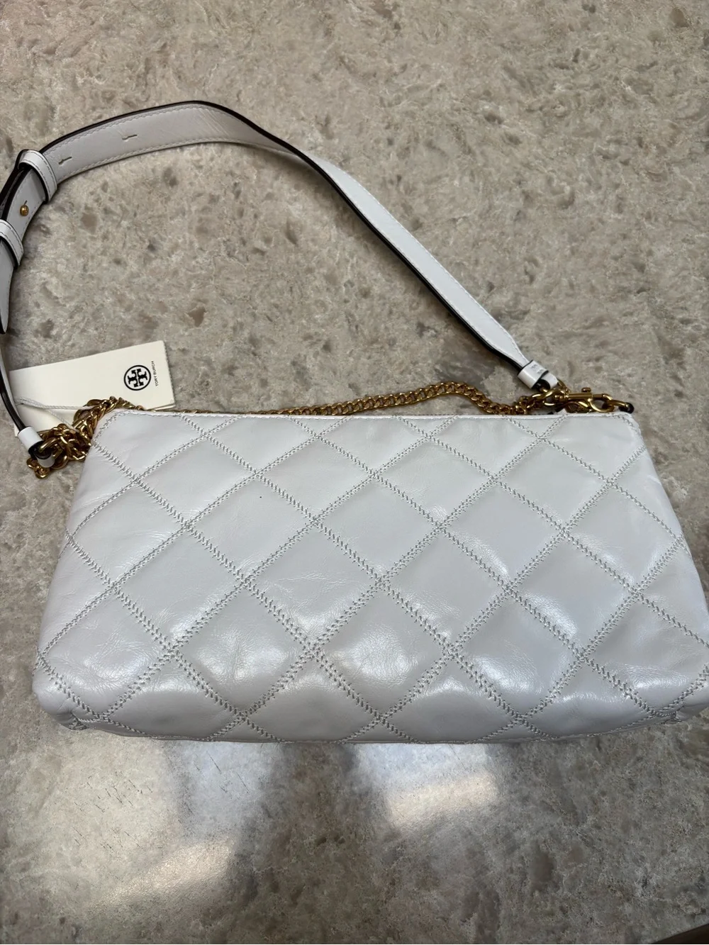 Tory Burch Quilted White Leather Crossbody with Gold Chain Willa